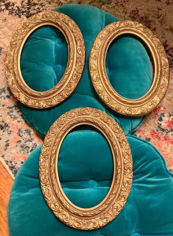 Vintage Oval Antiqued Gold Carved Wood Resin Ornate Frames lot of 3