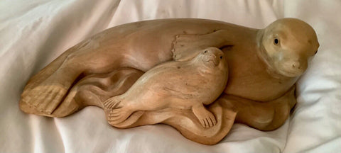 Vtg Sea Lion Seal Hand Carved Wooden Wood Figurine Sculpture Ocean Nautical
