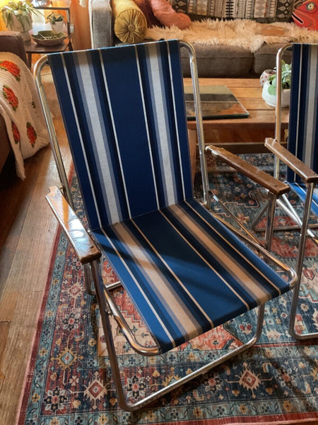 Vintage Zip Dee Blue Stripe Folding Lawn Chair Retro RV Airstream Wood MCM