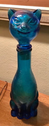 Vintage 1970s Italian EMPOLI 14.5" CAT Cobalt Blue Glass Decanter Bottle - EXC!