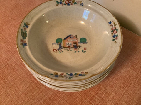 Vintage International China "Heartland Village" Rimmed Cereal Bowls Set of  7