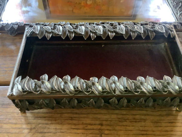 Vtg leaf Brass Mirror Vanity Dresser Table Top Footed Tray  with Kleenex box