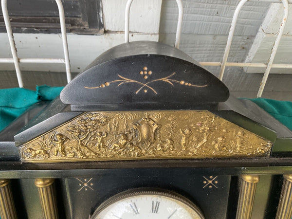 Antique  cherub Unmarked  Clock 8 Day Strike Mantle Clock  Slate  Marble 1880’s