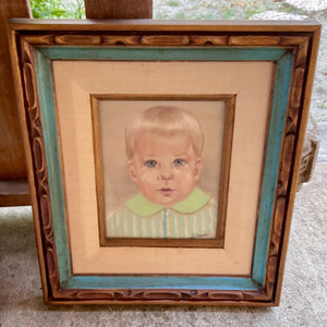 Vtg signed Painting Portrait Boy wood wooden carved mcm frame mid century