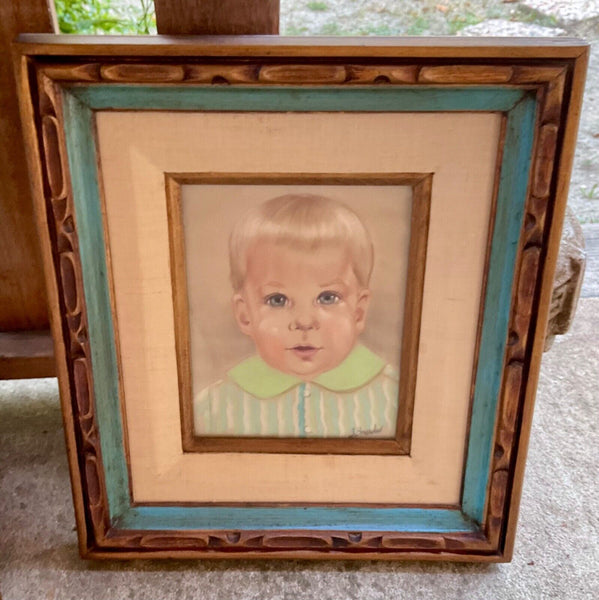 Vtg signed Painting Portrait Boy wood wooden carved mcm frame mid century