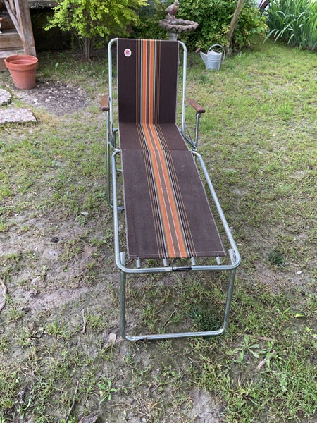 Vintage Zip Dee Brown Stripe Folding Chair Chrome + Wood AIR stream & foot rest