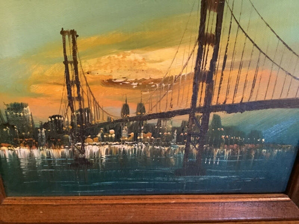 Vtg Framed Modernist golden gate Bridge Oil Painting Skyline Mid Century scenic