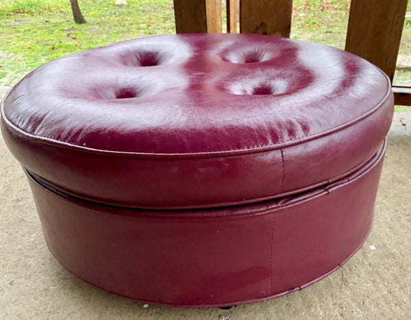 Vintage Mid-Century MCM WHEELS Round Ottoman Hassock Foot Stool burgundy