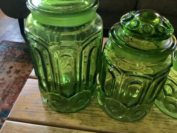 Vintage LE Smith emerald Green Moon & Stars Glass Kitchen Canisters w/Lids  (4)