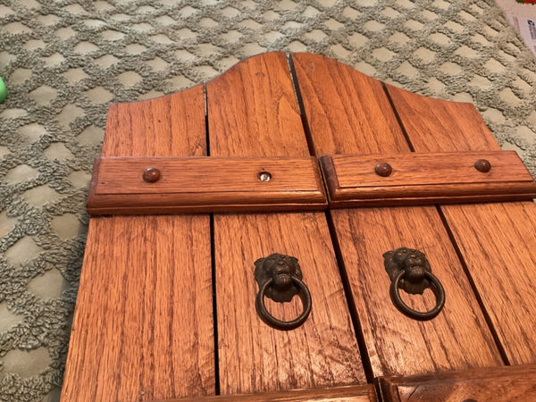 Vtg  Wood Wall Mount Medicine Cabinet chest Cupboard doors lion hardware shelf
