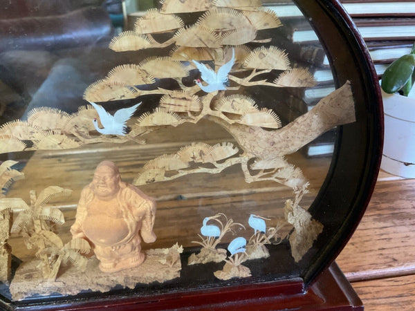 Large Hand Carved Cork Wood Diorama Asian Crane Pagoda Trees Vtg Art Glass Case
