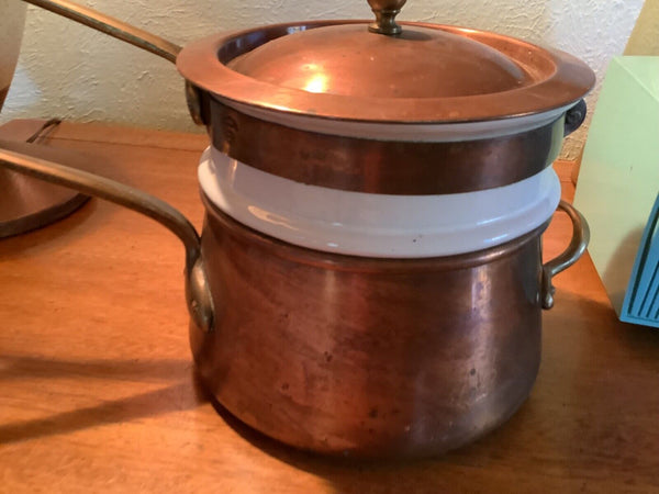 Vintage Copper Brass & Porcelain Double Boiler Pot B.M. Douro