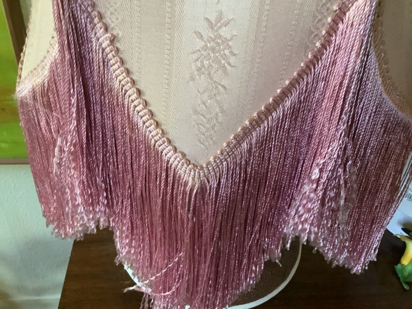 Vtg pink brocade fabric  Fringe table floor lamp Victorian Shade