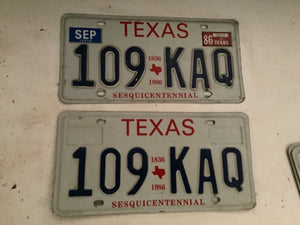 Old Texas License Plate 109 KAQ Sesquicentennial 1836-1986 Embossed Vintage