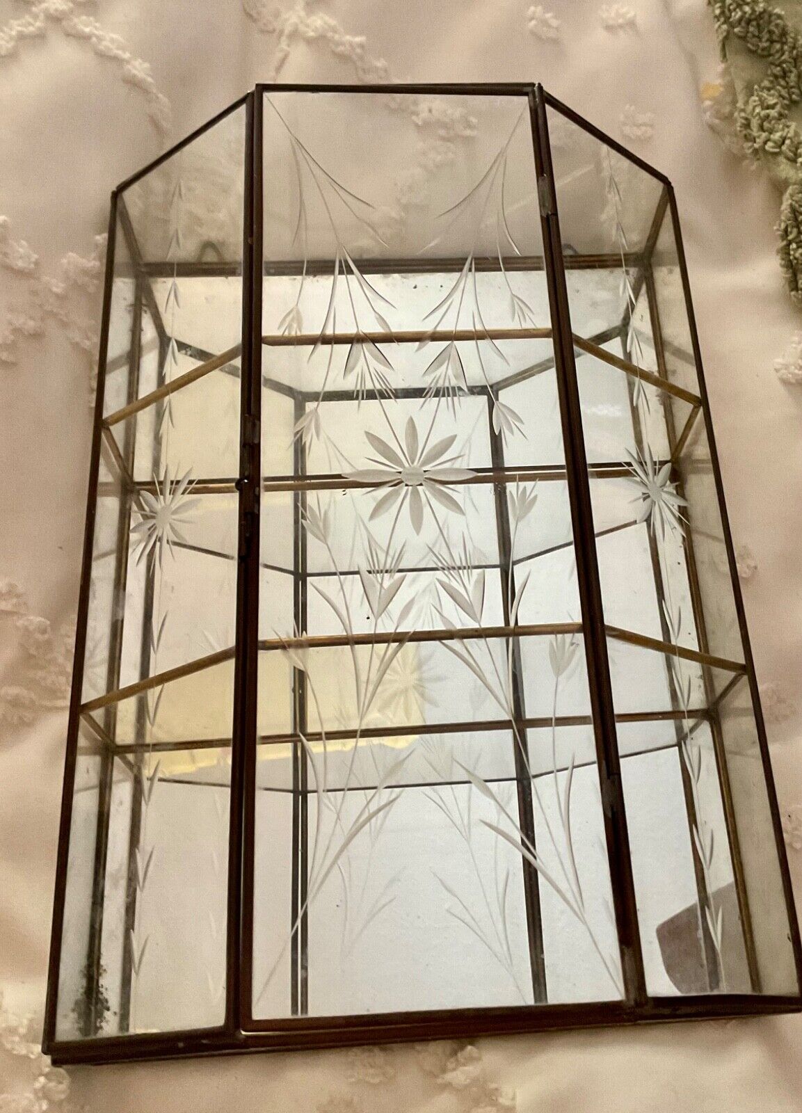 Vtg Mirrored Etched Glass and Brass Curio Cabinet Display Case Shelf  wall