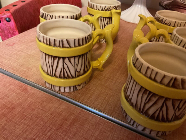 Vintage Set of 6 yellow band Barrel Ceramic Mugs cups  brown Wood Grain