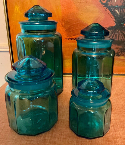 Vtg LE Smith Set Of 4 Blue Glass Paneled Canister Apothecary Jar Star Lid mcm