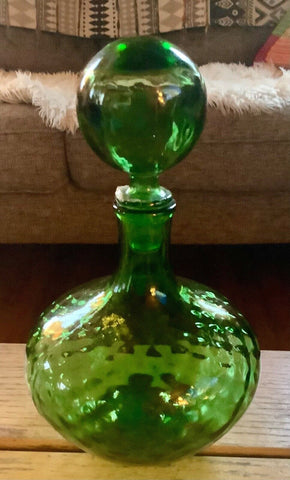 VTG Green Decanter Genie Bottle Diamond Pattern MCM mid century modern