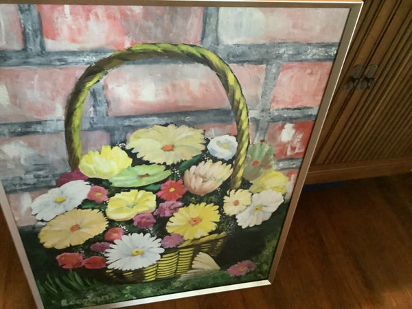 MID CENTURY MODERN  STILL LIFE OIL PAINTING OLD VINTAGE FLOWERS  signed Leeman