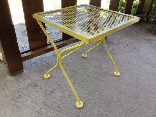 Vintage Yellow painted mid Century Wrought Iron & Mesh  Side Table  Patio Table