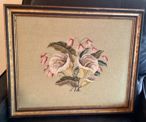 Vtg antique Framed gold frame Floral Shabby Lilies Victorian Needlepoint Art