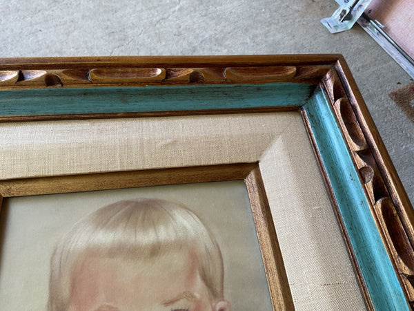 Vtg signed Painting Portrait Boy wood wooden carved mcm frame mid century