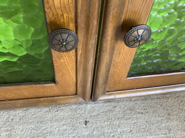 Vtg mid Century mcm Pair Stained wood Glass green cupboard Cabinet Doors