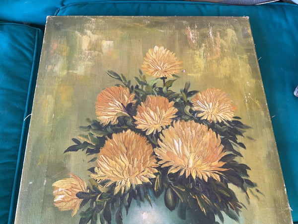 Vtg Floral Painting Still Life signed Artist canvas yellow mid century modern