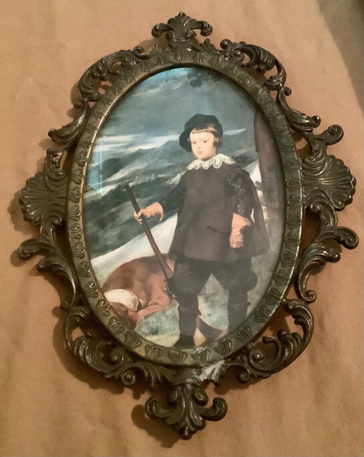 Vintage Brass  Italy Oval Picture Frame Convex Bubble Glass Boy portrait  Print