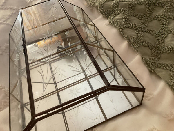 Vtg Mirrored Etched Glass and Brass Curio Cabinet Display Case Shelf  wall