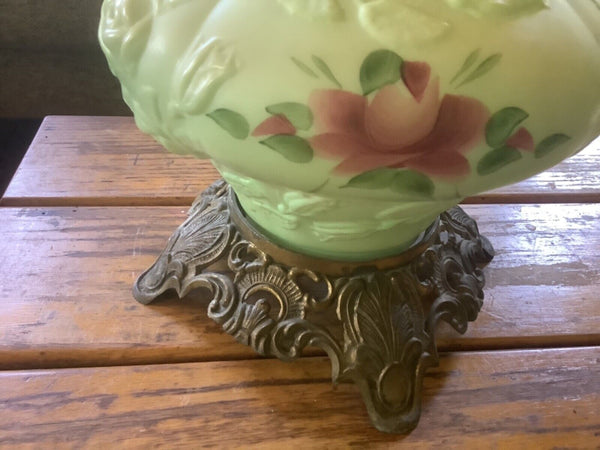 Vintage antique GWTW parlor Lamp 3 Way Switch Green Hand Painted Roses floral