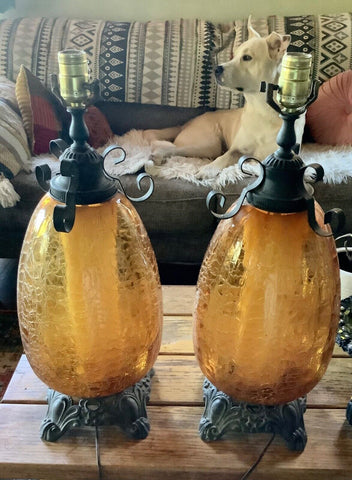 Vintage pair Mid Century modern crackle Amber table Lamps mcm Spanish gothic