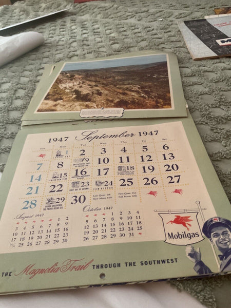 1947 MOBIL oil ADVERTISING CALENDAR MAGNOLIA TRAill  Mobil oil gas