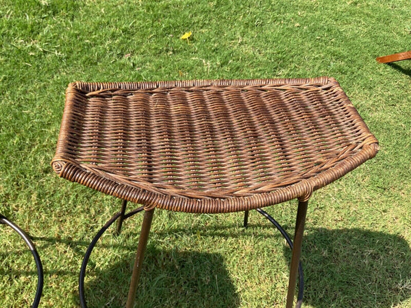 Vtg pair Arthur Umanoff Bars Stool Mid Century Modern Wrought Iron Wicker Boho