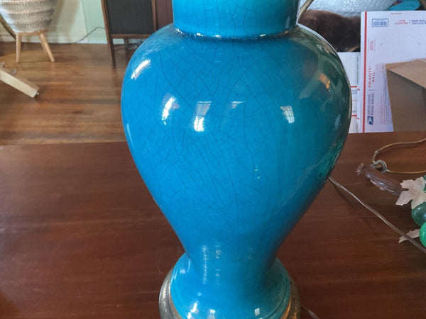 Vtg  MCM mid century modern blue turquoise Ginger Jar Style Ceramic table lamp