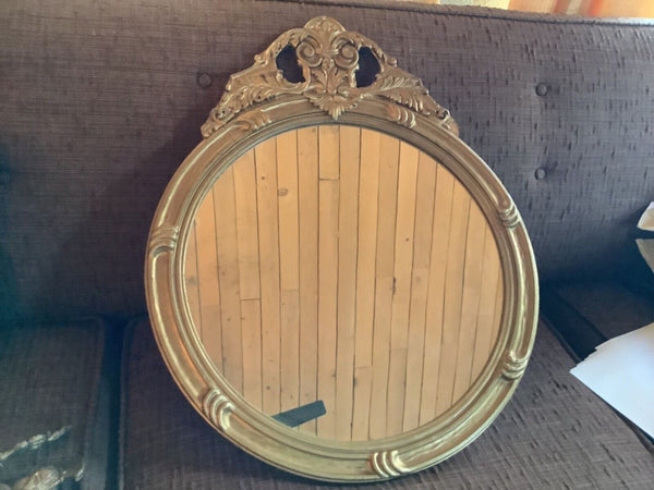 Vintage antique Wood Carved Gold Gesso Framed Mirror Round Rococo Style