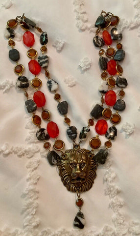 Vintage  Lion Head Pendant Multi Chain Necklace choker statement brass