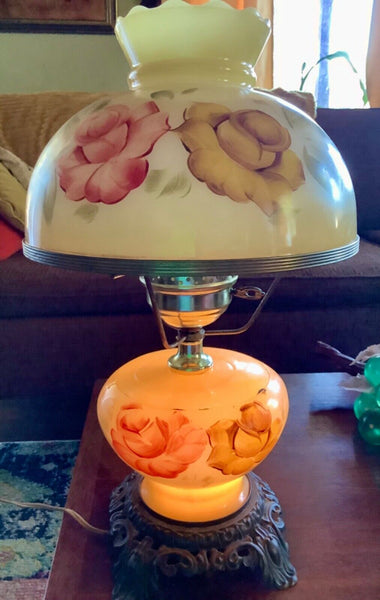 Vtg Victorian Gone With the Wind Hurricane Amber Double Globe Rose Parlor Lamp