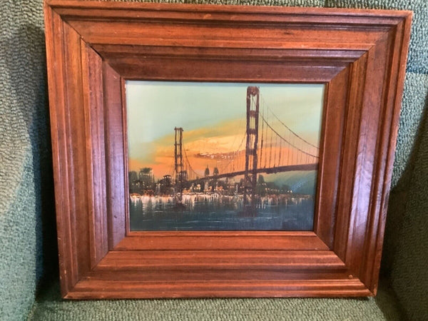 Vtg Framed Modernist golden gate Bridge Oil Painting Skyline Mid Century scenic