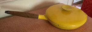 Vintage Copco Michael LAX Yellow Enamel Cast Iron Wood Handle 10" Frying Pan