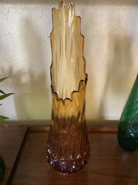 LE Smith Viking?  UNIQUE Amber Diamond Pattern Swung Stretched Glass Vase