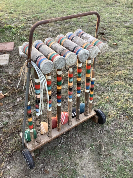 Vintage Forster Croquet Set 6 Player with Wheeled Rolling Cart  caddy Stand Game
