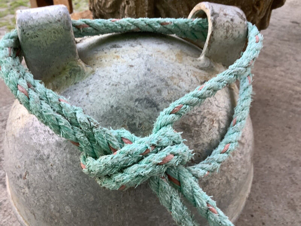 Vtg pair Antique Deep Sea metal zinc float buoy ball  BELL with ropE net