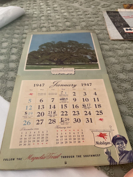 1947 MOBIL oil ADVERTISING CALENDAR MAGNOLIA TRAil  Mobil oil gas