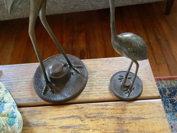 Vintage mid century  Solid Brass Pair Standing Eating  Cranes Egret Heron Birds