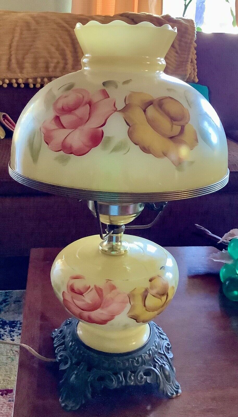 Vtg Victorian Gone With the Wind Hurricane Amber Double Globe Rose Par