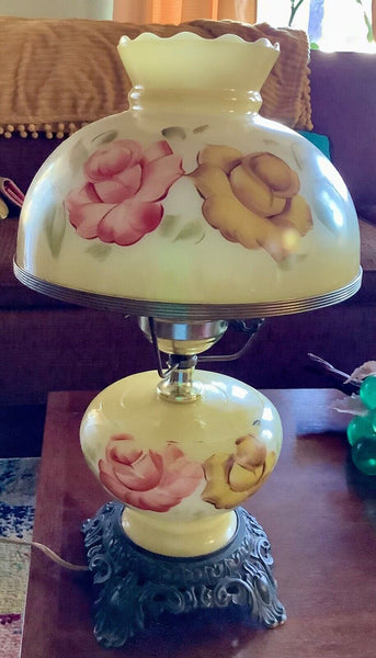 Vtg Victorian Gone With the Wind Hurricane Amber Double Globe Rose Parlor Lamp