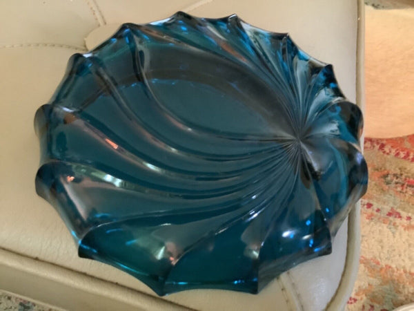 Vintage Mid-Century Blue Atomic Art Deco Glass Ashtray by Viking in Bluenique