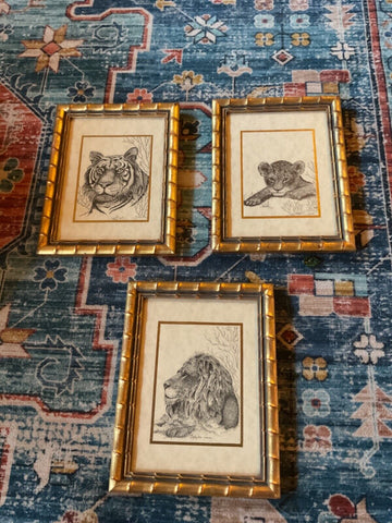 Vtg lot signed Faux Bamboo Picture Frames wood Tiger lion Print Wall Hanging Art