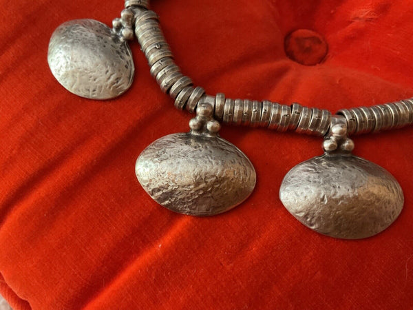 Modernist Industrial  Metal silver necklace Turkish coin Vintage